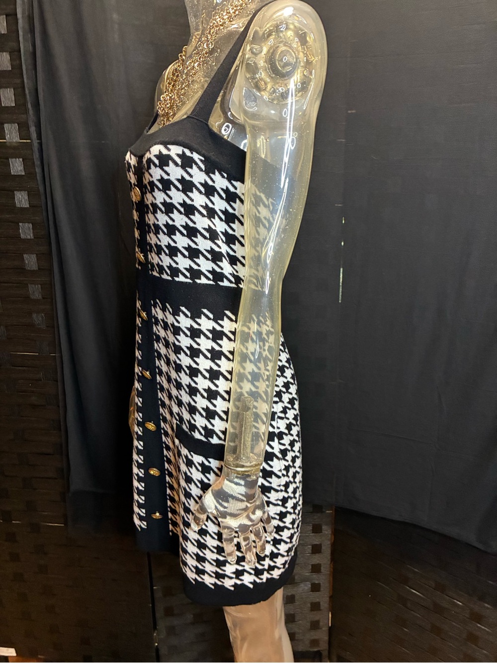 Black & White Houndstooth Knit Midi Dress with Gold Buttons - Picture 4 of 7